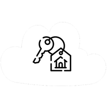 Keys with a house tag inside a cloud, representing real estate or property.