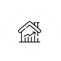 House icon with upward trending graph, suggesting real estate growth.