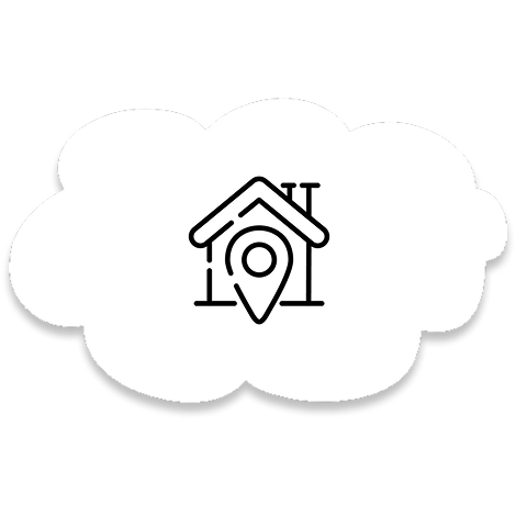 House icon with location marker in a white cloud.