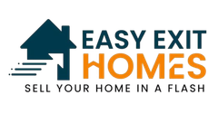 Logo for Easy Exit Homes: a teal house with an arrow, orange text "HOMES" and tagline "SELL YOUR HOME IN A FLASH".
