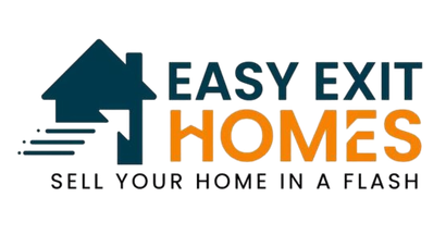 Logo for Easy Exit Homes: a teal house with an arrow, orange text "HOMES" and tagline "SELL YOUR HOME IN A FLASH".