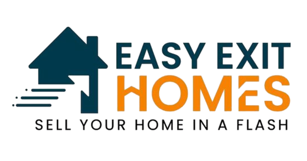 Logo for Easy Exit Homes: a teal house with an arrow, orange text "HOMES" and tagline "SELL YOUR HOME IN A FLASH".