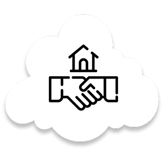 Handshake icon with a house above it, within a cloud outline.