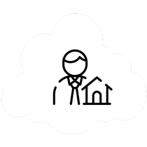 Person holding a house icon, inside a cloud-shaped outline.