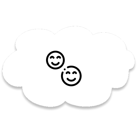 Two smiling faces in a white cloud shape.