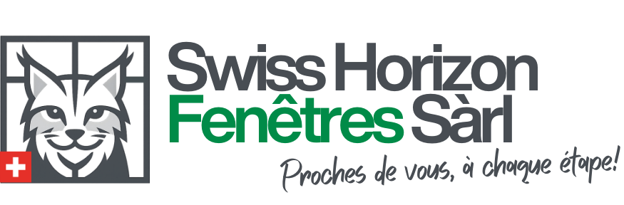 Le logo de Swiss Horizon Fenêtres Sàrl représente un lynx dans un cadre de fenêtre, le drapeau suisse et le nom de l'entreprise.