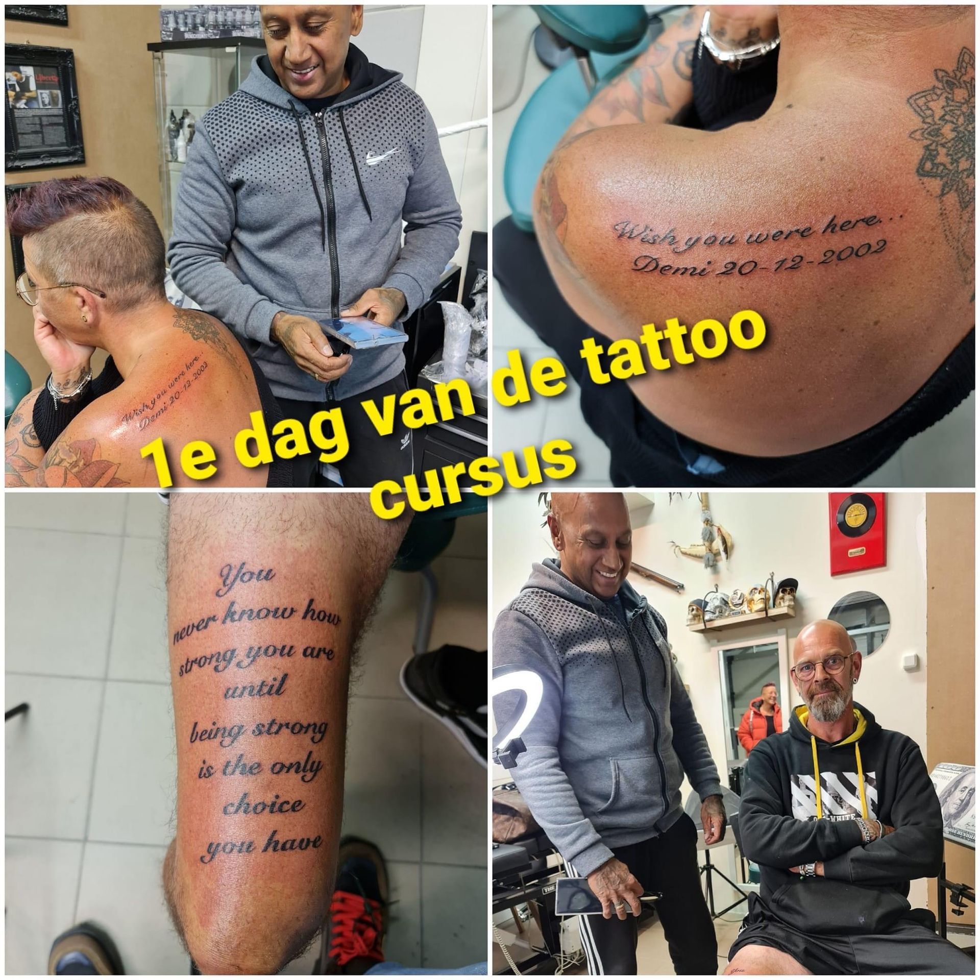 Collage: man laat tatoeages zetten, tekst overlay 