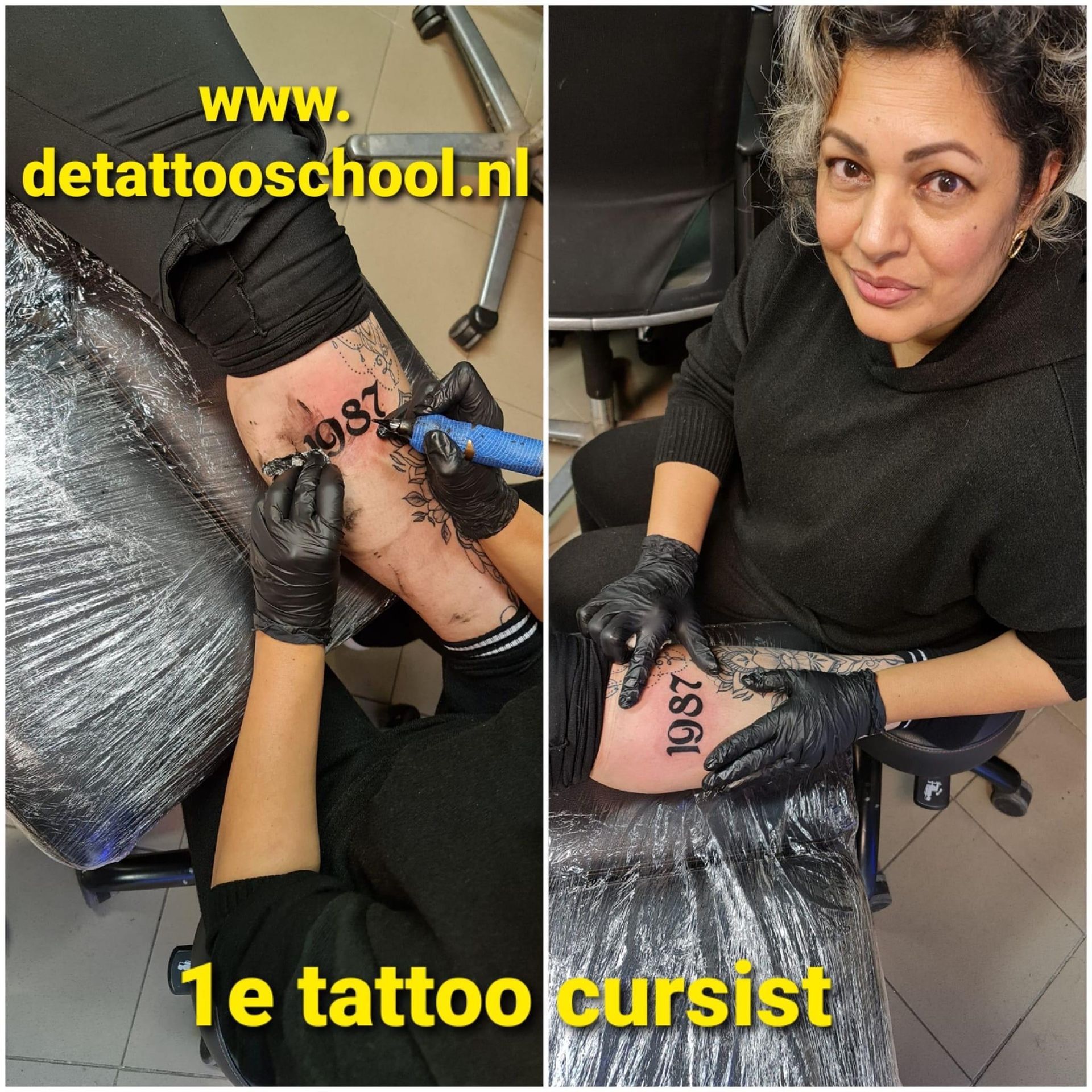 Vrouw laat op een tatoeageschool het nummer 1987 op haar been tatoeëren.
