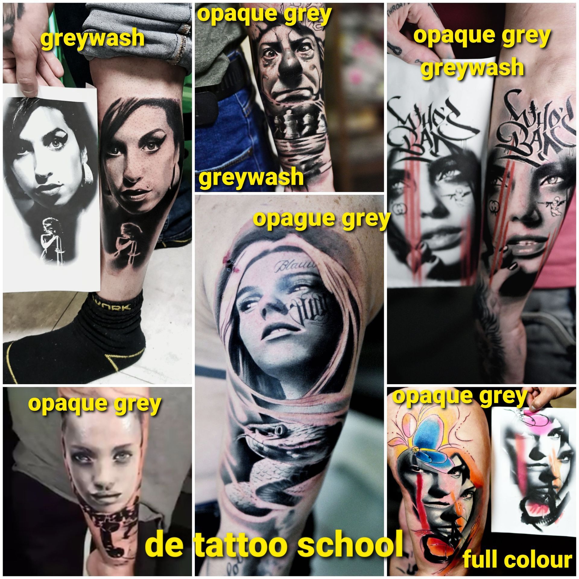 Verzameling tatoeages, voornamelijk grijstintenportretten met de labels 