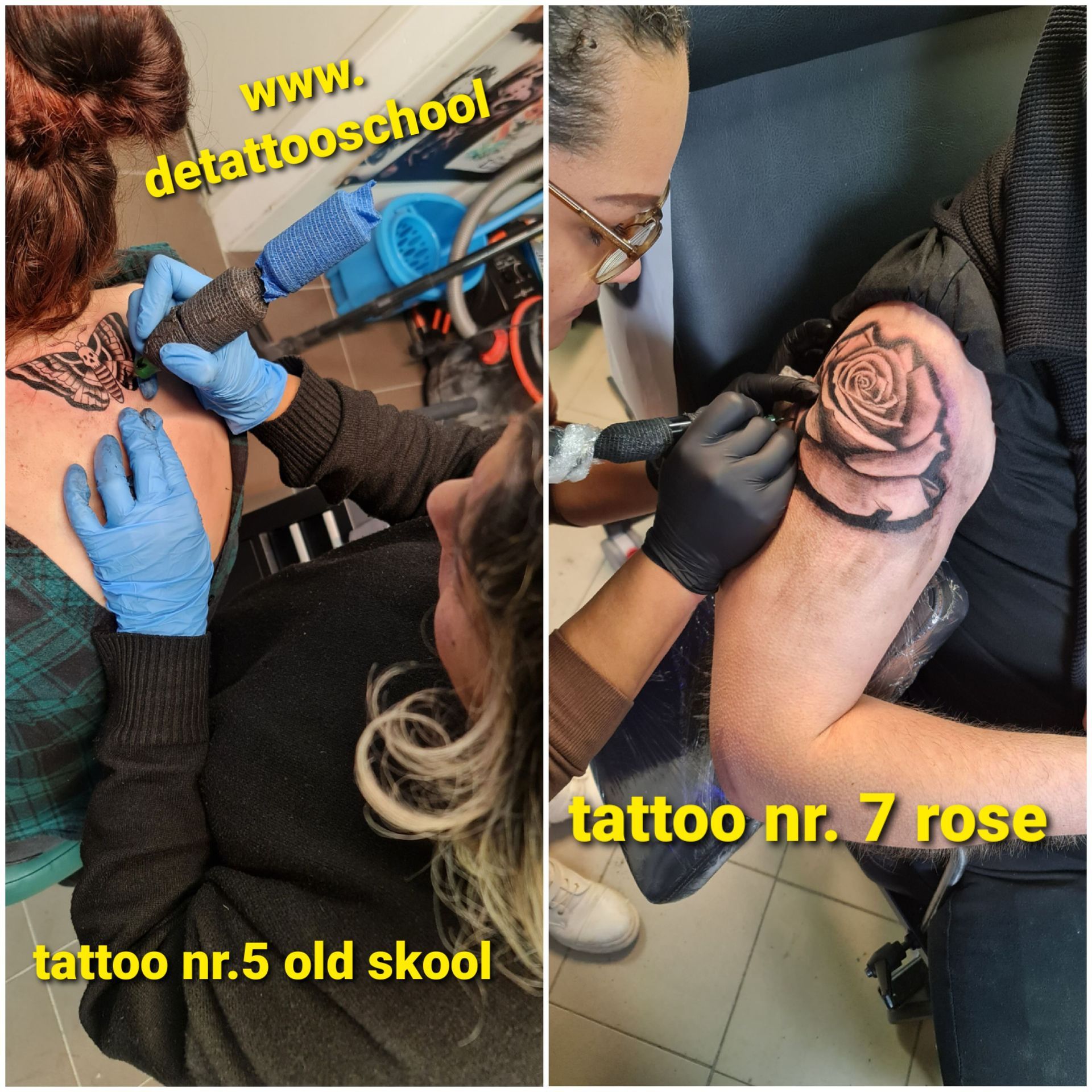 Tatoeëerder brengt inkt aan. Links: Rugtattoo, 