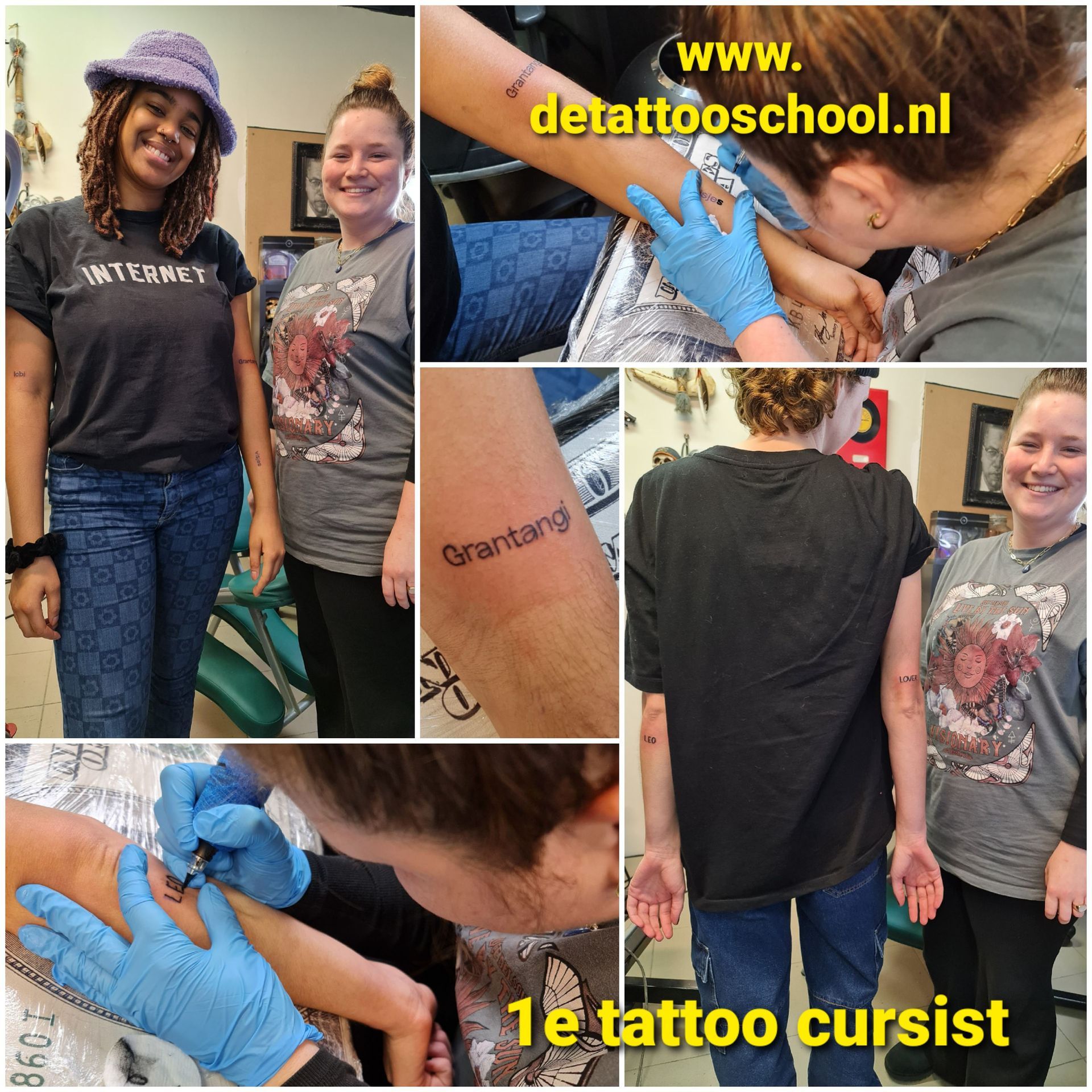 Studenten van de tatoeageschool oefenen. Verschillende foto's tonen studenten die tatoeages zetten en zetten. Mensen lachen.
