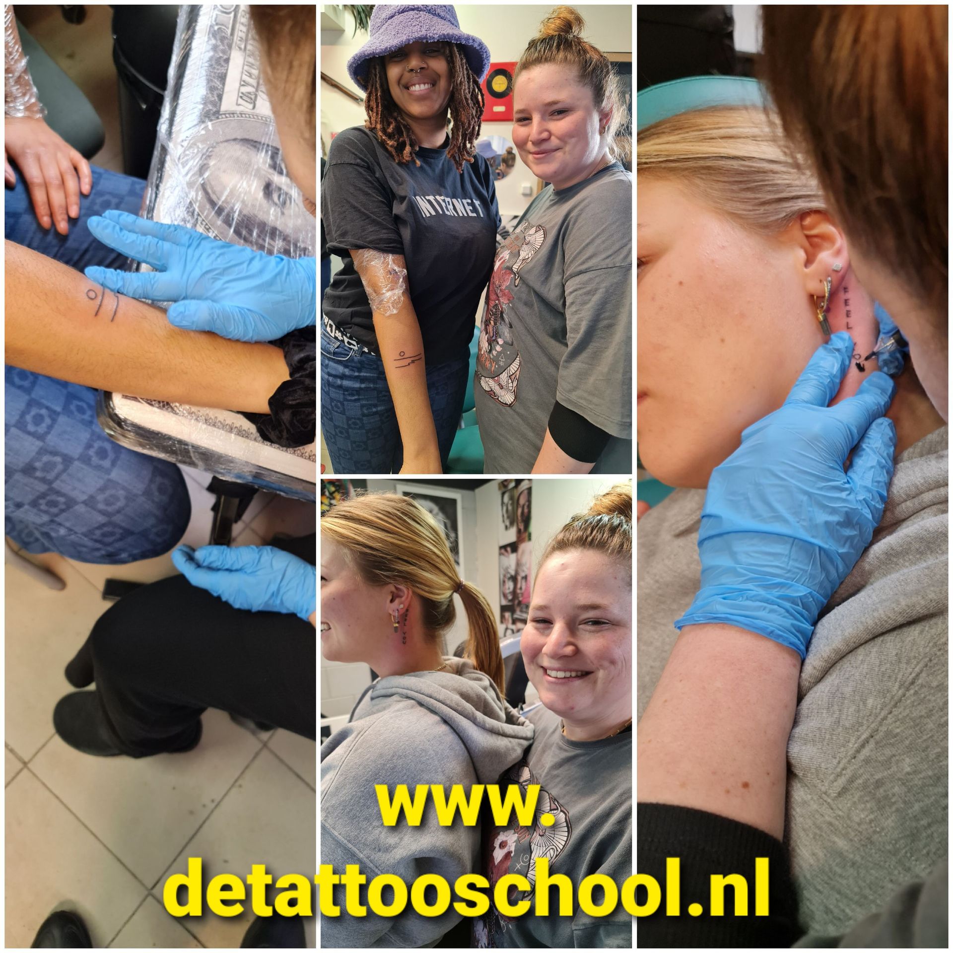 Mensen die een tatoeage laten zetten bij een tattooshop. Een persoon met handschoenen tatoeëert iemands arm en nek en toont twee vrouwen samen.