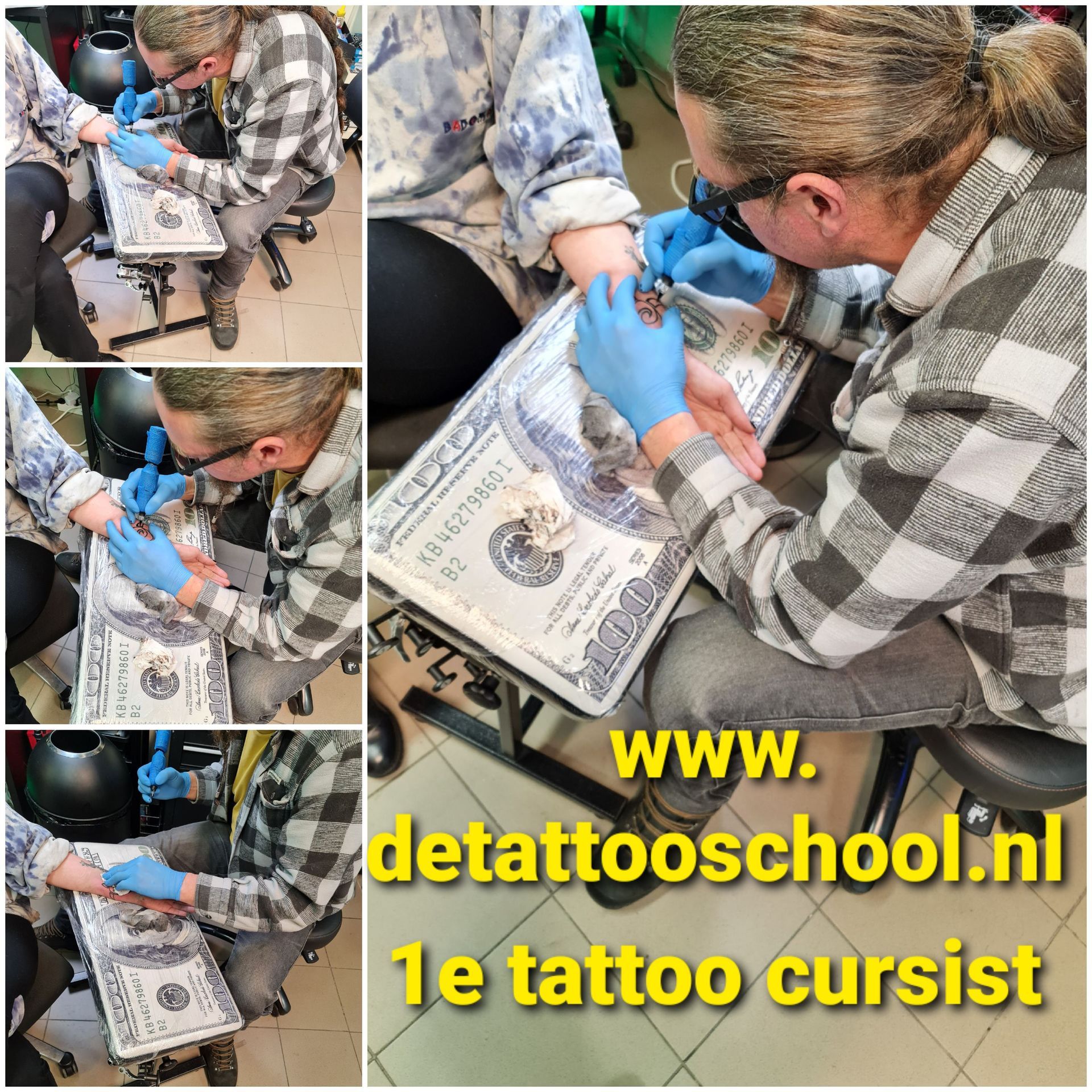 Tatoeëerder in grijs geruit overhemd tatoeëert een arm. Werkplek inclusief grote afdruk van een biljet van 100 dollar. Website inbegrepen.
