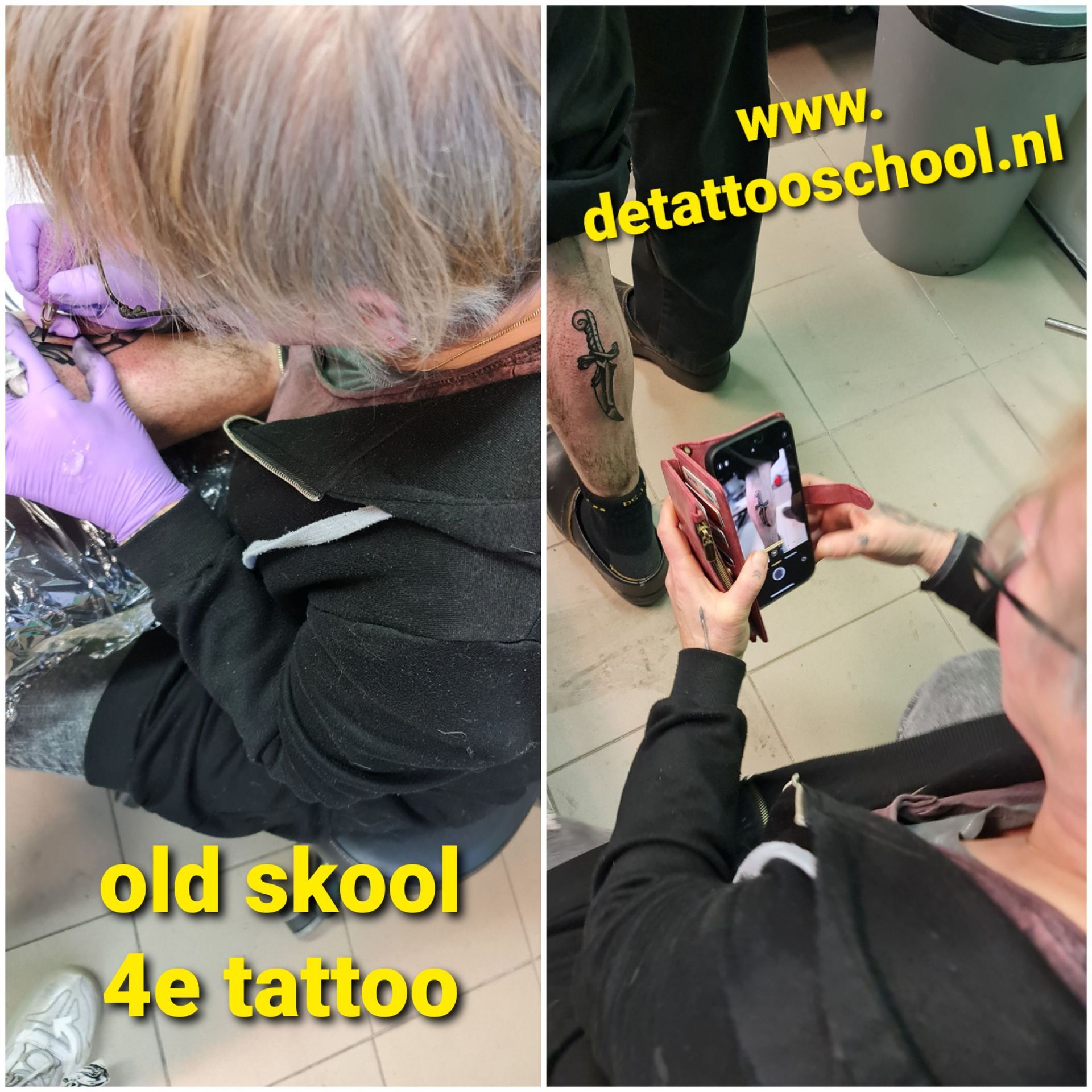 Tatoeëerder werkt aan een been. Persoon die een foto maakt van de tatoeage. De tekst 