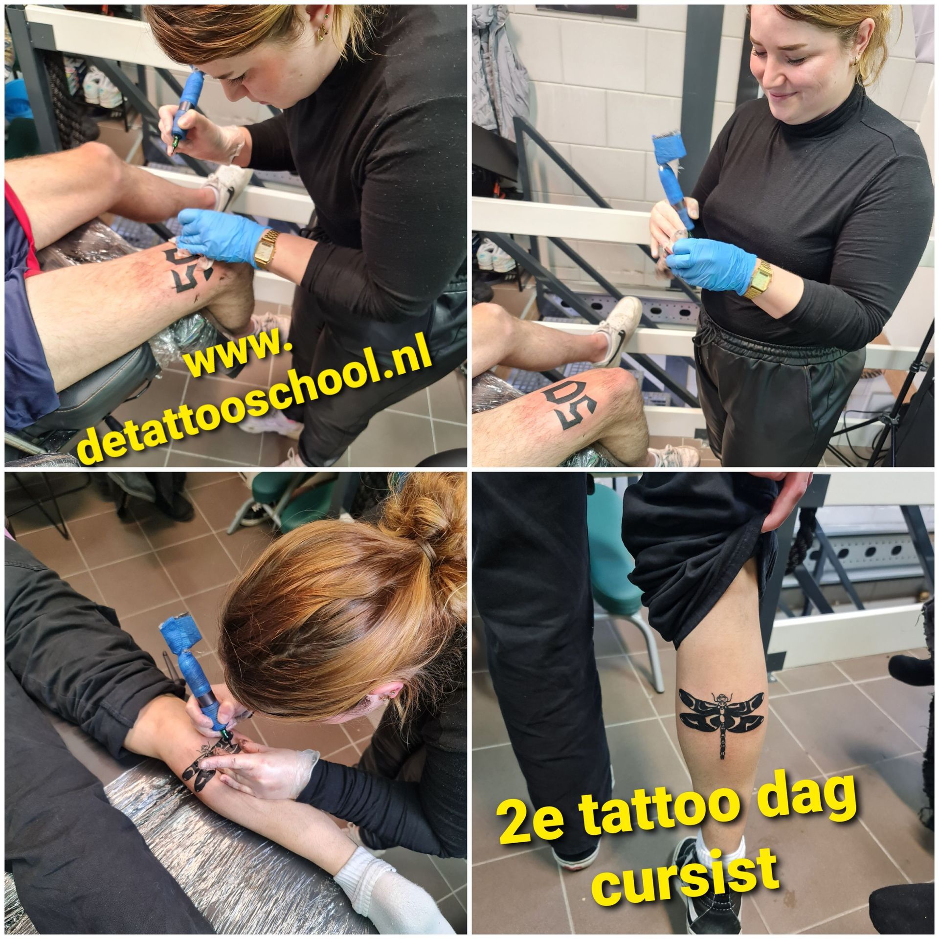 Mensen tatoeëren in een werkplaats. Eén persoon laat een tatoeage zetten. Tekstoverlay: detattooschool.nl, 2e tattoo dag cursist.