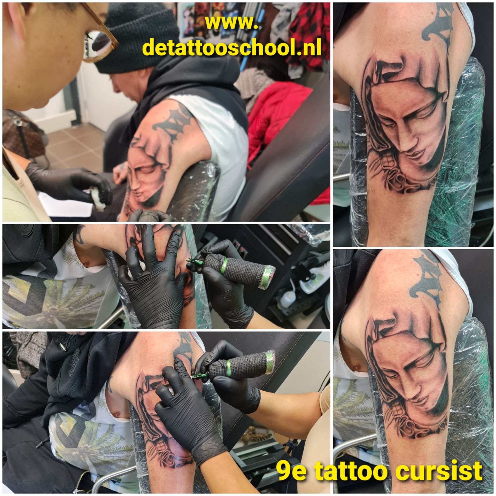 Tatoeëerder die een gezichtsontwerp op de arm van een persoon toepast. Close-up van de handen van de tatoeëerder en details van de tatoeage. De tekst 