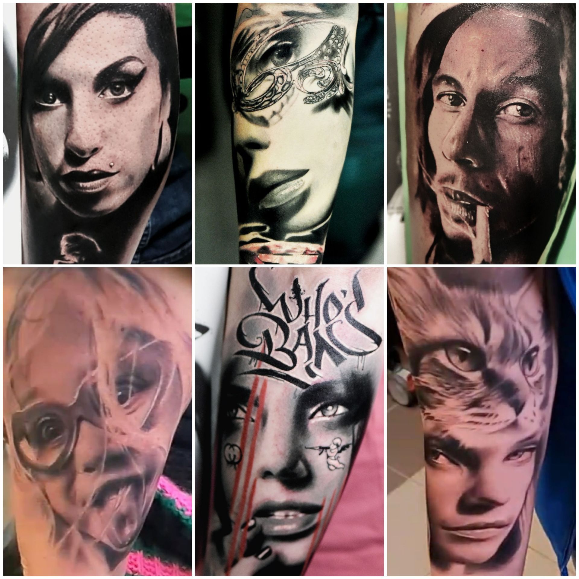 Tatoeages op zes armen: portretten van een vrouw, een gemaskerd figuur, een man, een persoon met een bril, een vrouw en een hybride van een kat en een mens.