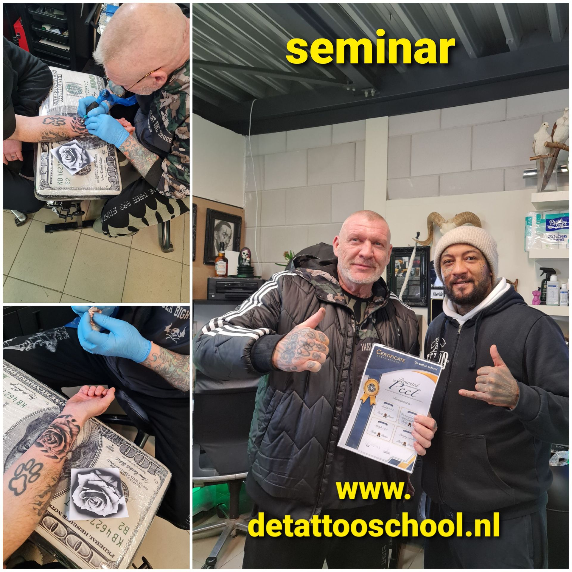 Tattoo seminar: Twee mannen met duimen omhoog houden een kunstwerk vast. Een persoon tatoeëert een arm. Websiteadres op de afbeelding.