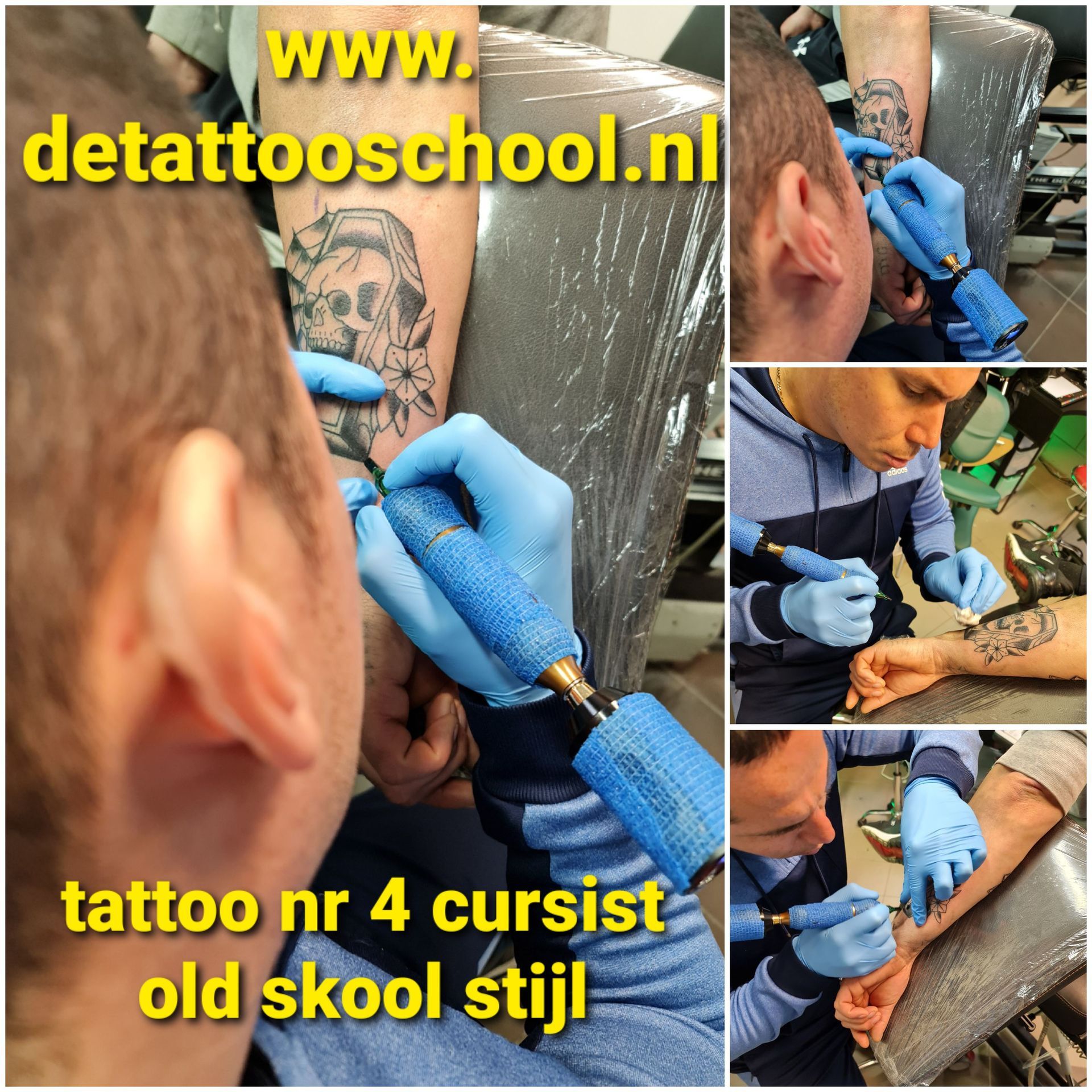 Tatoeëerders aan het werk, meerdere shots. Blauwe handschoenen, tatoeëermachines en armen met ontwerpen. 