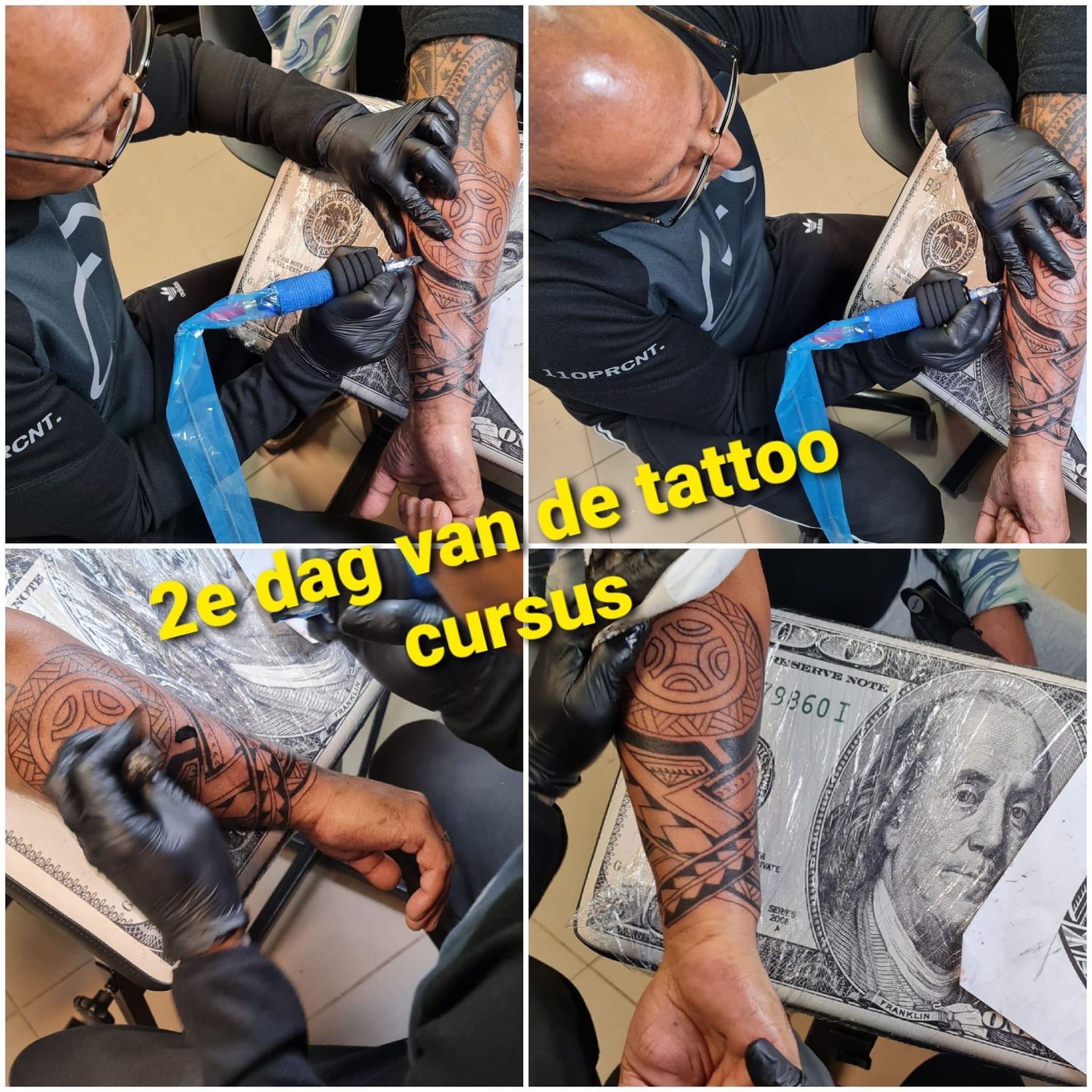 Tatoeëerder aan het werk; hij maakt een mouwontwerp op iemands arm. Tweede dag van de tatoeagecursus.