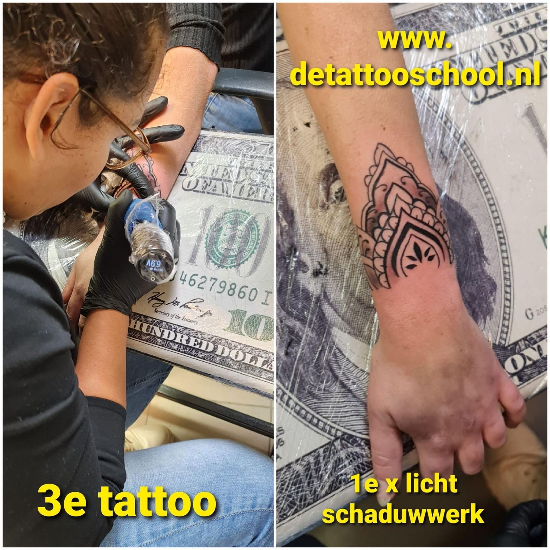 Tatoeëerder werkt aan een arm; definitieve tatoeage met lichte schaduw, op tafel met geldontwerp. Websiteadres zichtbaar.