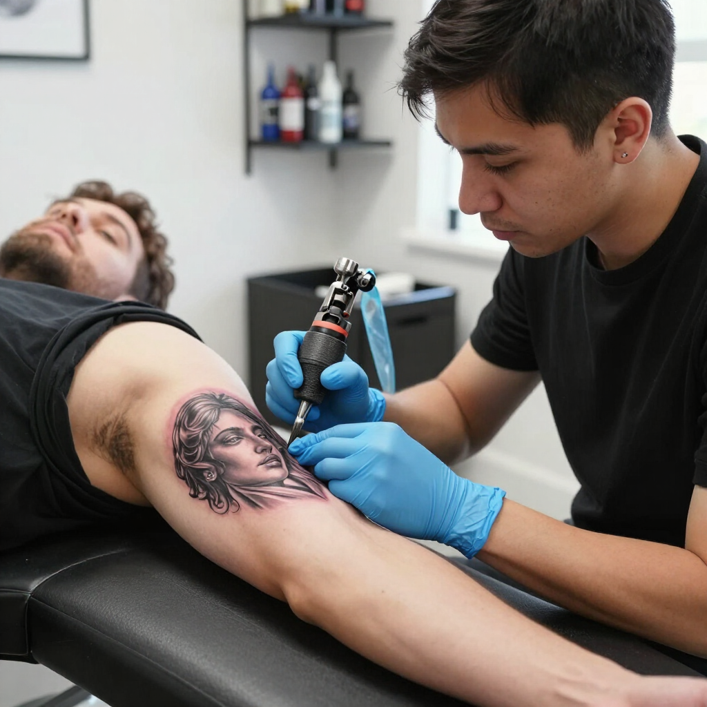Een tatoeëerder met blauwe handschoenen gebruikt een roterende machine om een portret op de arm van een klant te tatoeëren in een studio.