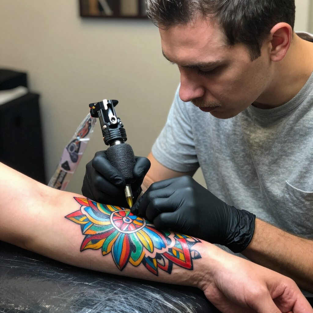 Een tatoeëerder met zwarte handschoenen gebruikt een machine om een levendig, veelkleurig bloemmotief op de onderarm van een persoon te tatoeëren.