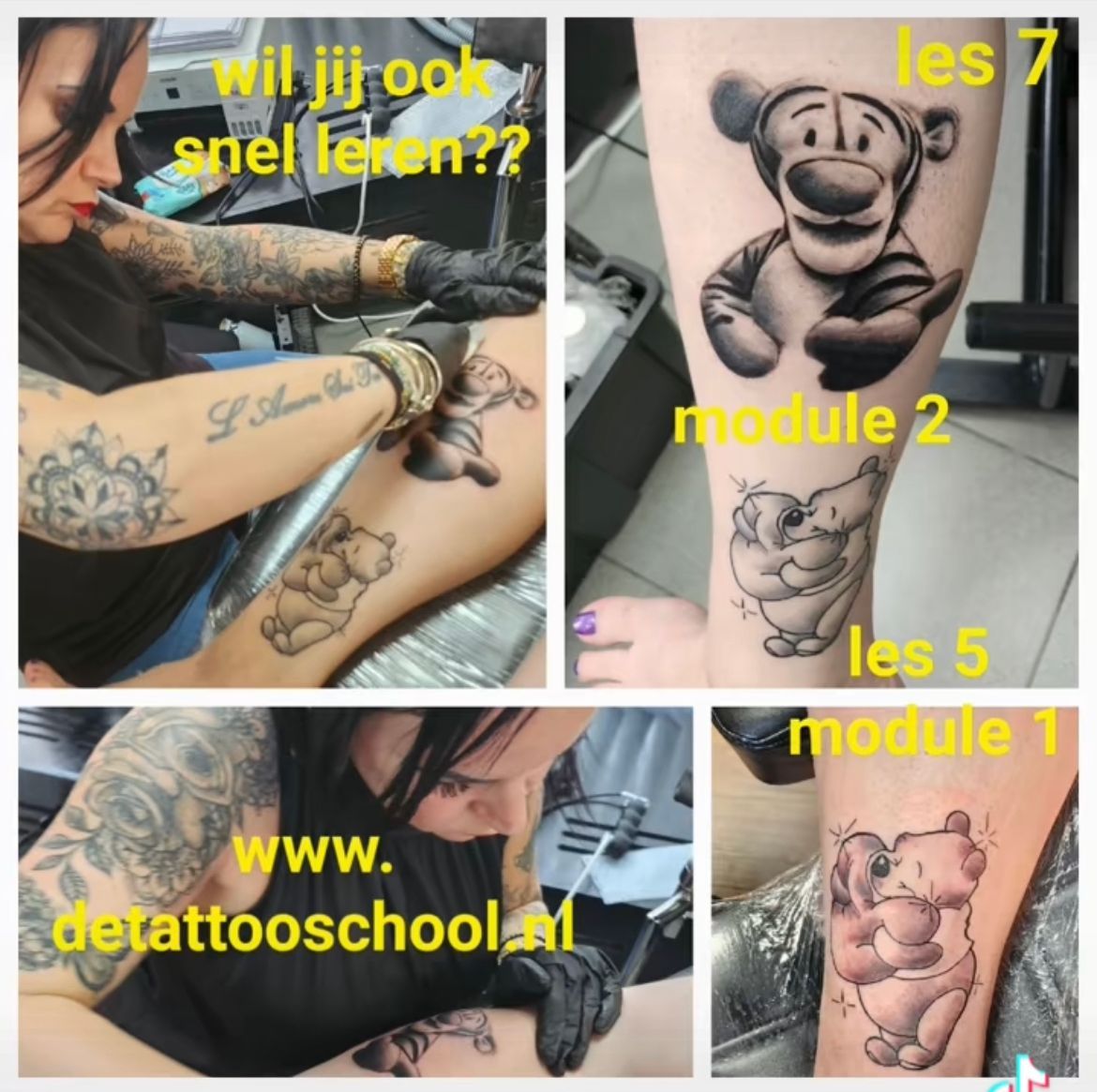 Vrouw tatoeëert Winnie de Poeh-figuren en promoot tatoeagelessen.