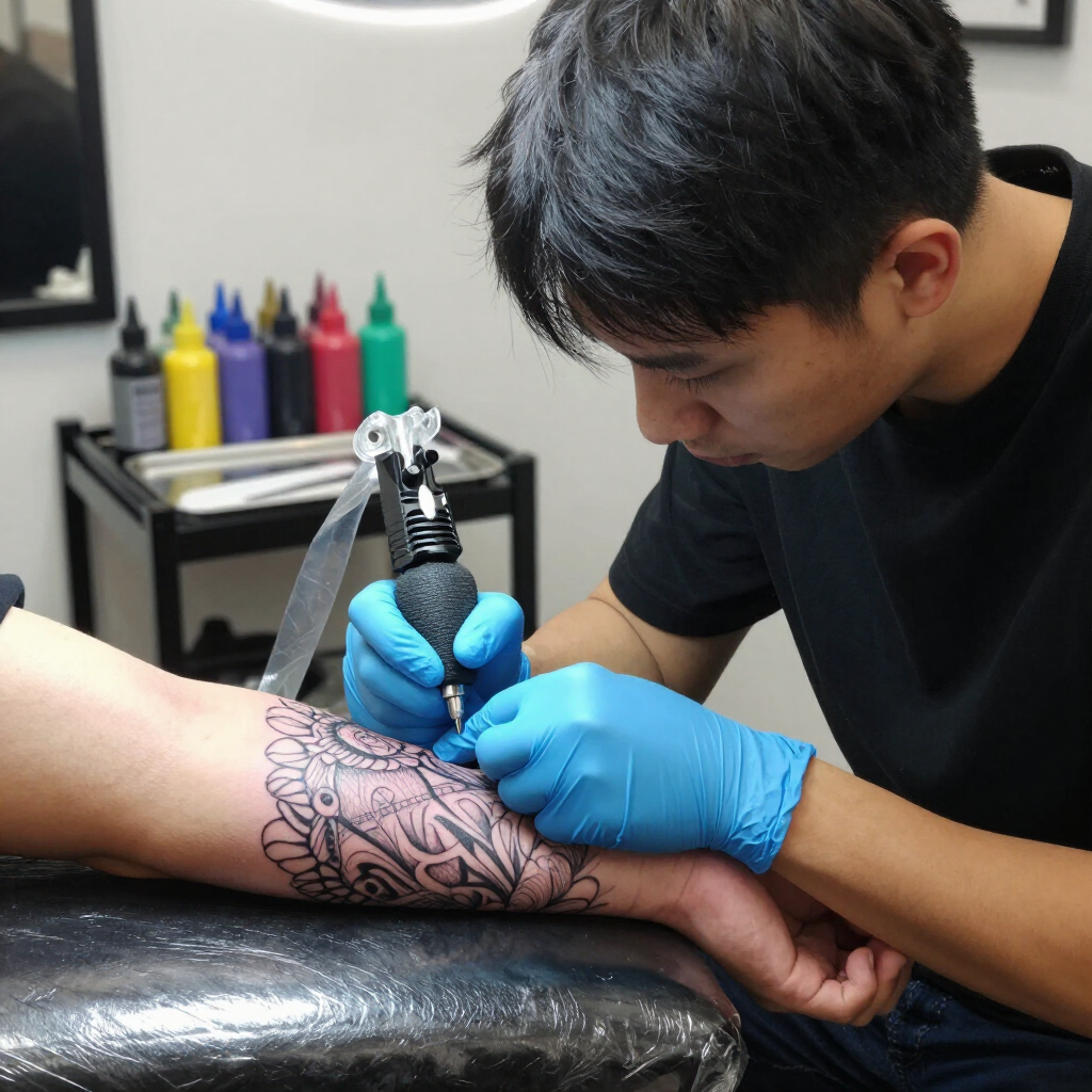 Een tatoeëerder met blauwe handschoenen gebruikt een roterende machine om een gedetailleerd zwart patroon op de arm van een klant aan te brengen.
