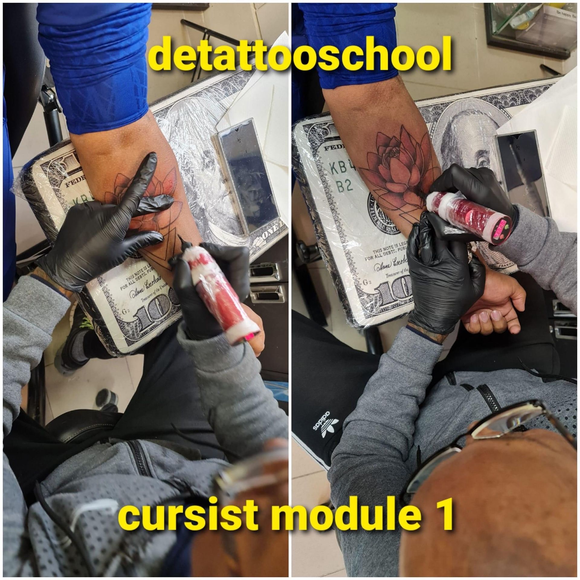 Tatoeëerder die een arm tatoeëert. Twee afbeeldingen naast elkaar. Handen in zwarte handschoenen. Tattoobenodigdheden en sjablonen. 