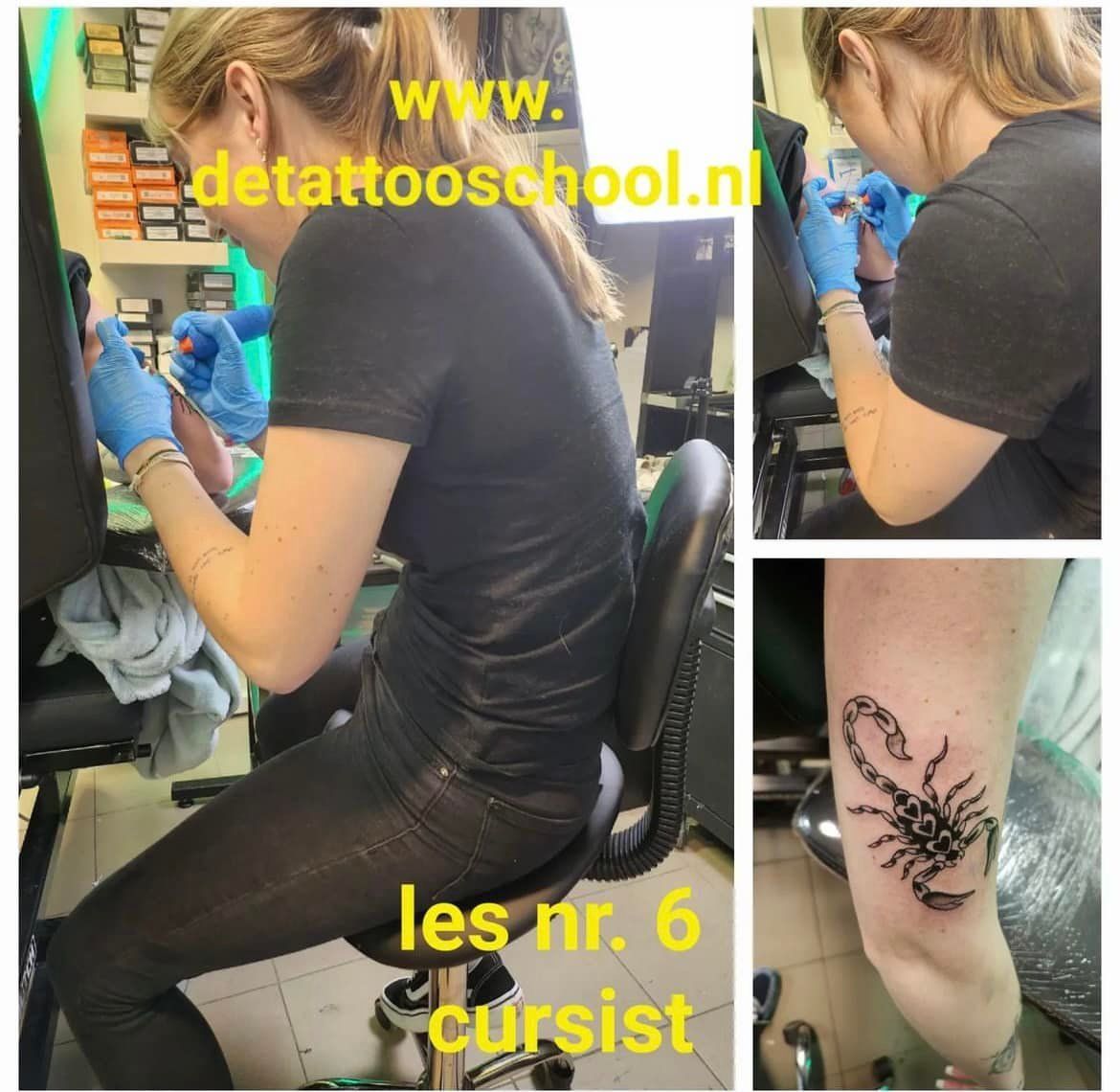Vrouw laat zich tatoeëren; een schorpioenontwerp.