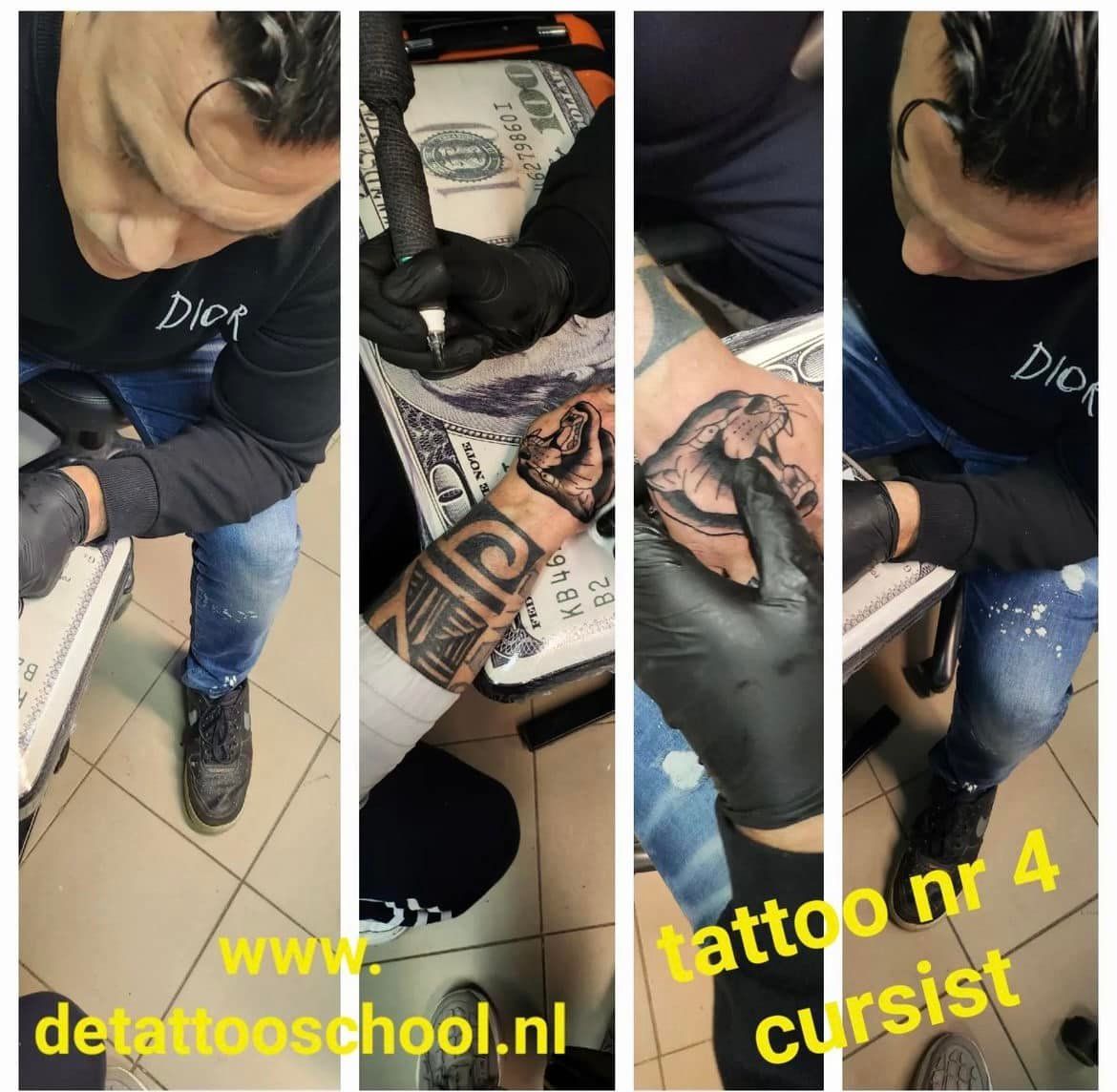 Tatoeëerder die een ontwerp op iemands arm aanbrengt in een tattooshop. Verschillende aanzichten van de tatoeëerder, zijn apparatuur en zijn tatoeages.
