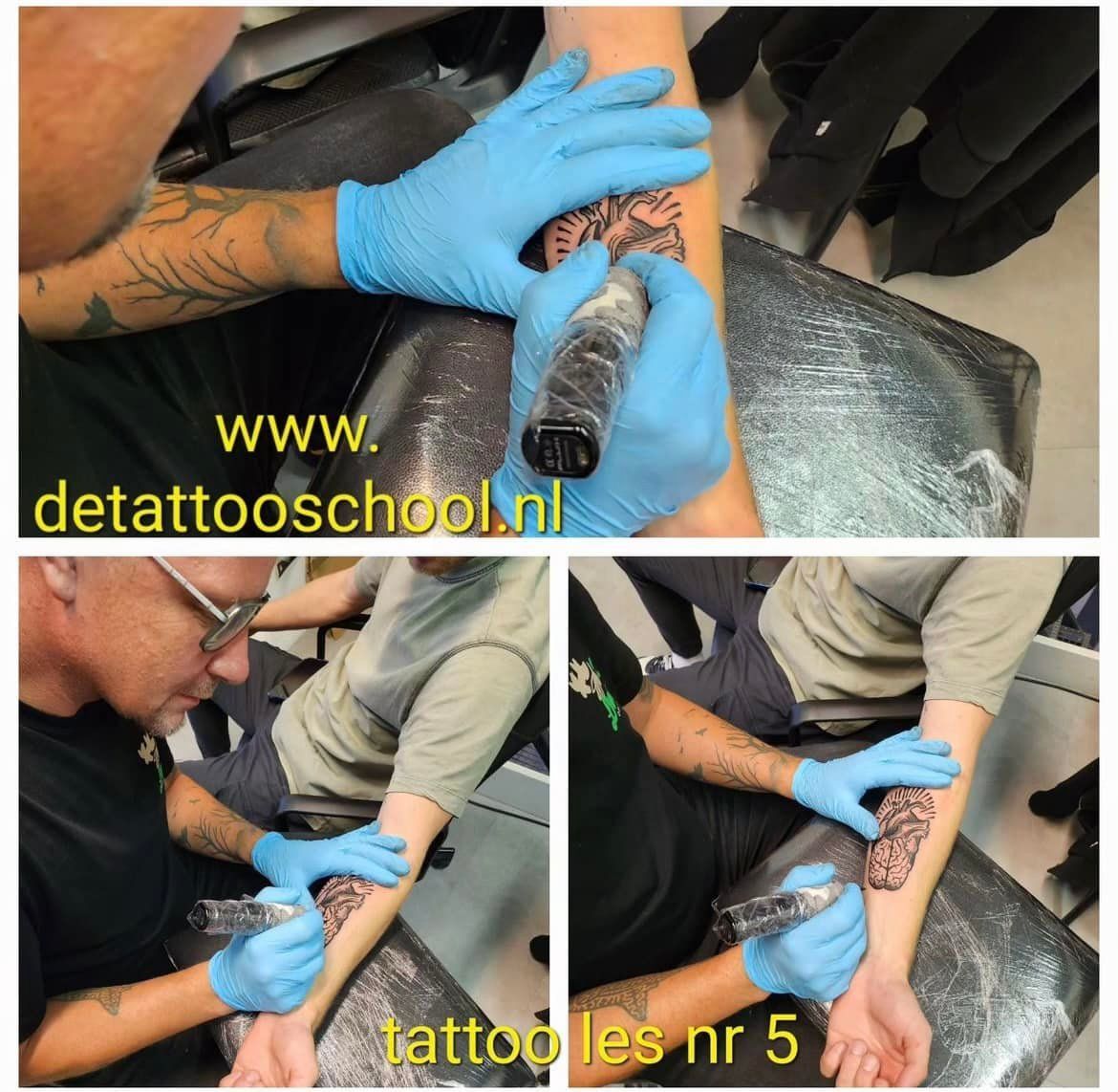 Tatoeëerder zet een tatoeage op iemands arm. Drie verschillende hoeken: close-up, van opzij en van bovenaf.