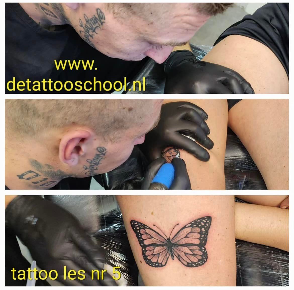Een persoon die een vlinder op een been tatoeëert. Drie afbeeldingen tonen het proces.