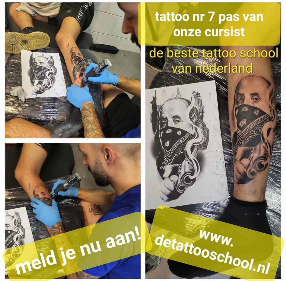 Tattoo artist working on leg with tattoo stencil. Yellow text: 