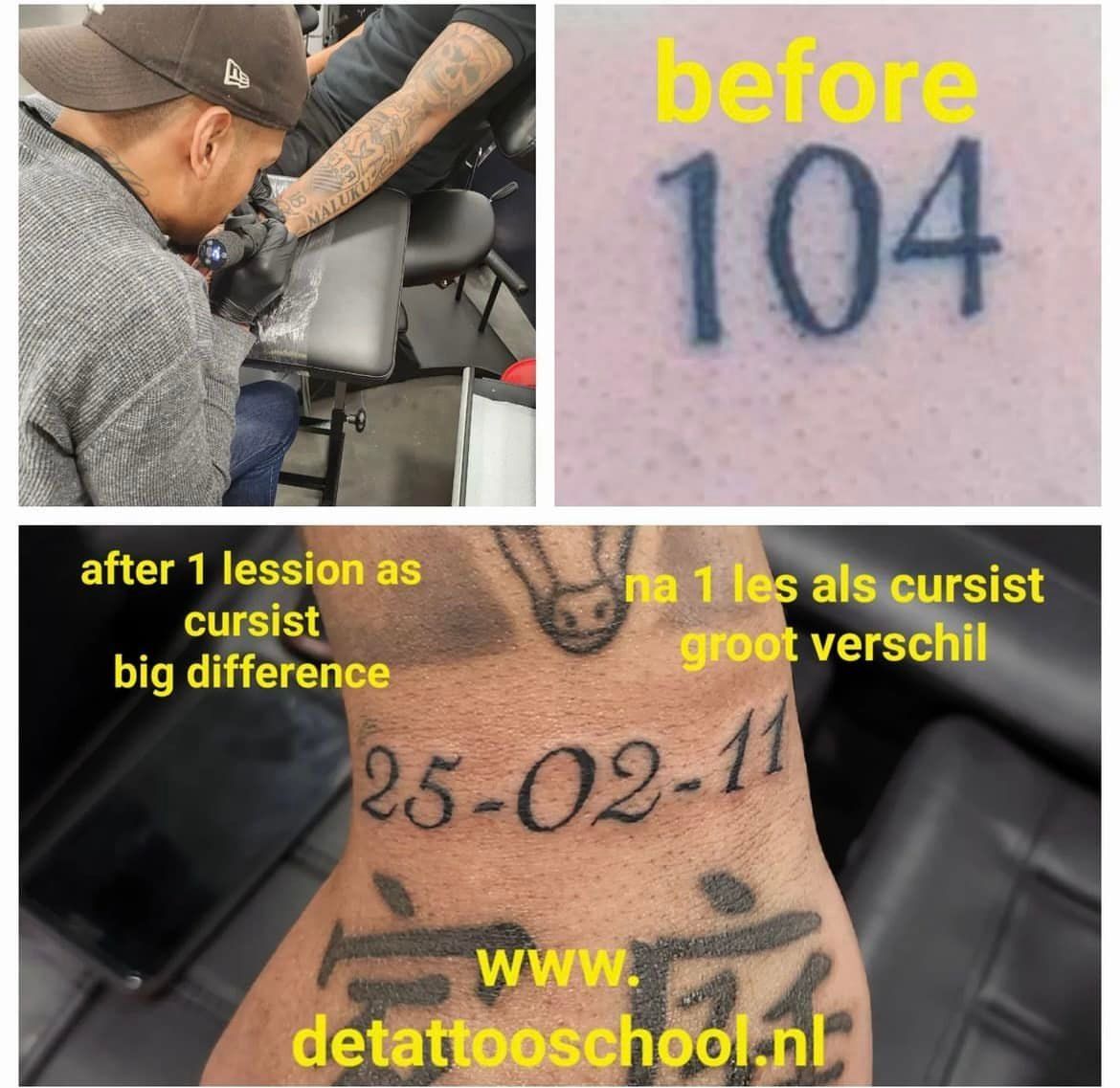 Tatoeëerder werkt aan een arm. Op de foto's is een afbeelding te zien van vóór de tatoeage ('104'), ná de tatoeage op de hand en een tekst over school.