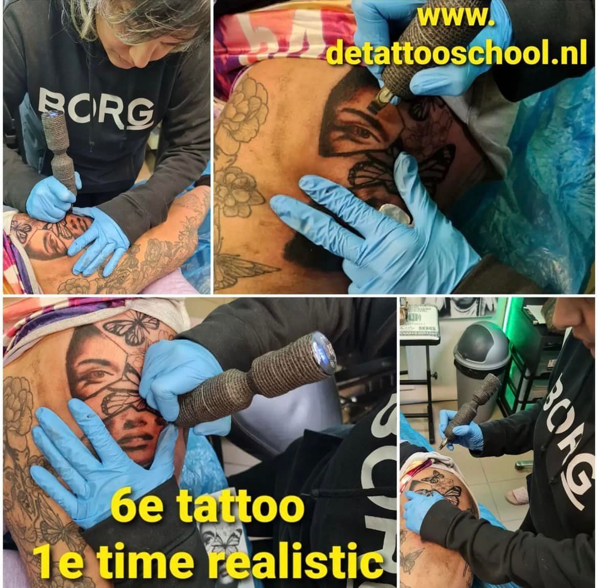 Tatoeëerder gebruikt tatoeëerpistolen op klanten. Hij draagt ​​blauwe handschoenen. Er worden verschillende tatoeages ontworpen.
