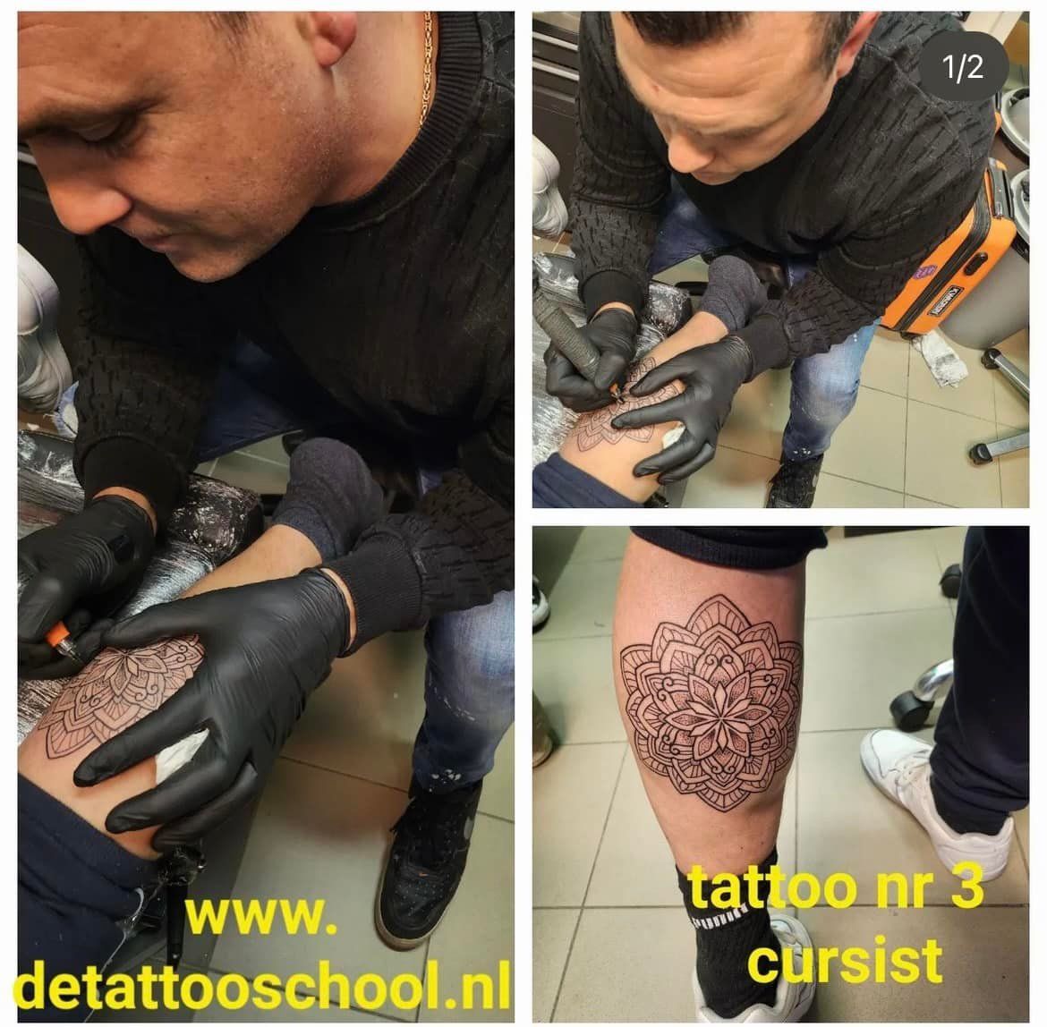 Tatoeëerder geeft een beentatoeage aan een klant. Inclusief close-ups.