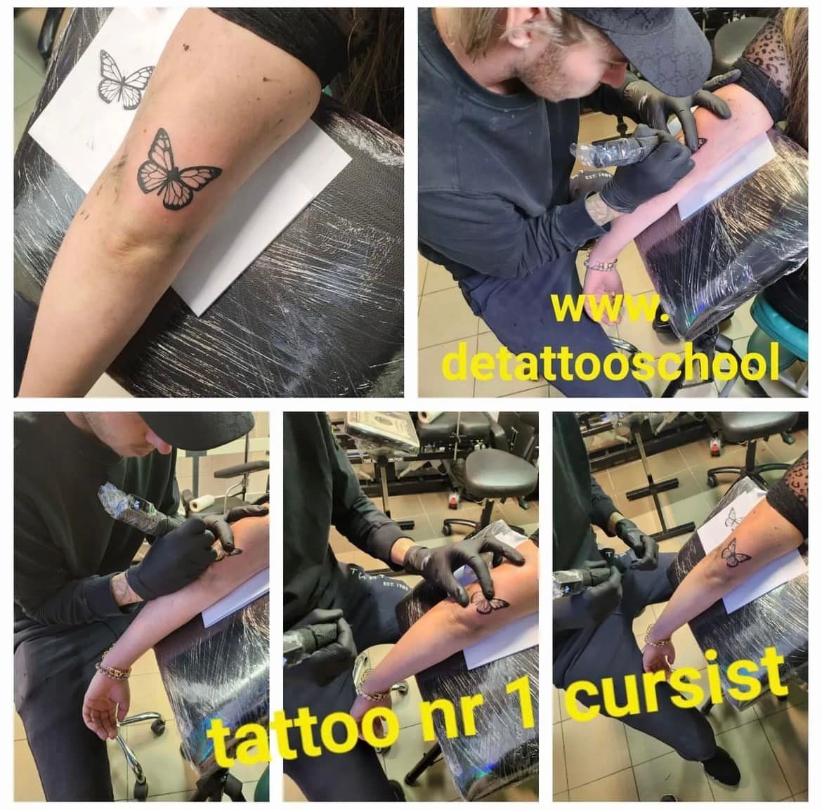Een tatoeëerder die een vlinder tatoeëert op de arm van een klant. Tatoeageschool.