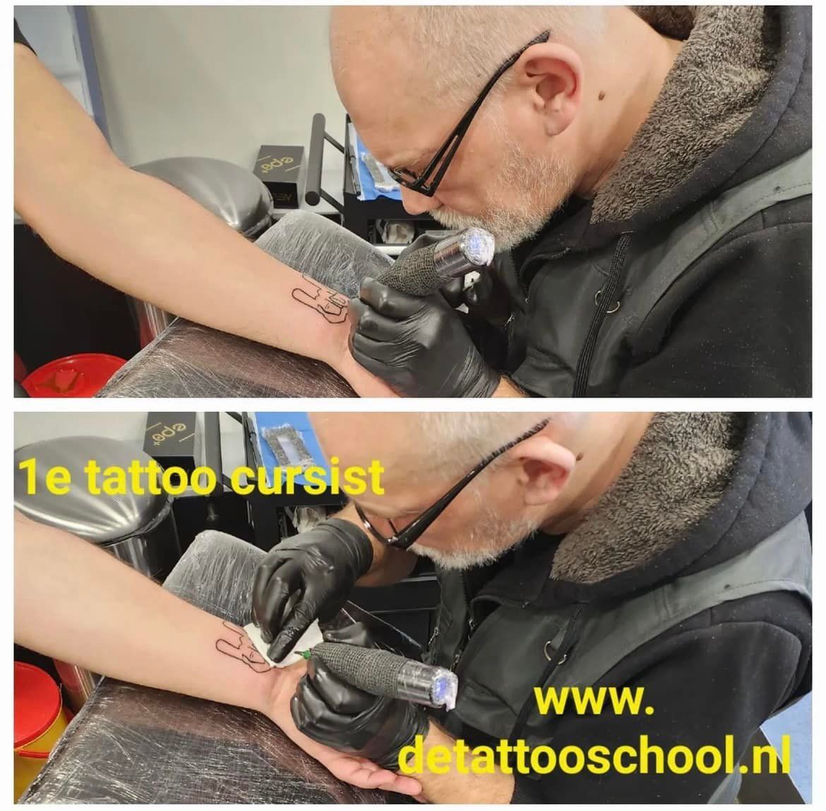 Man tatoeëert iemands onderarm. Tattooschool. Tekst: 