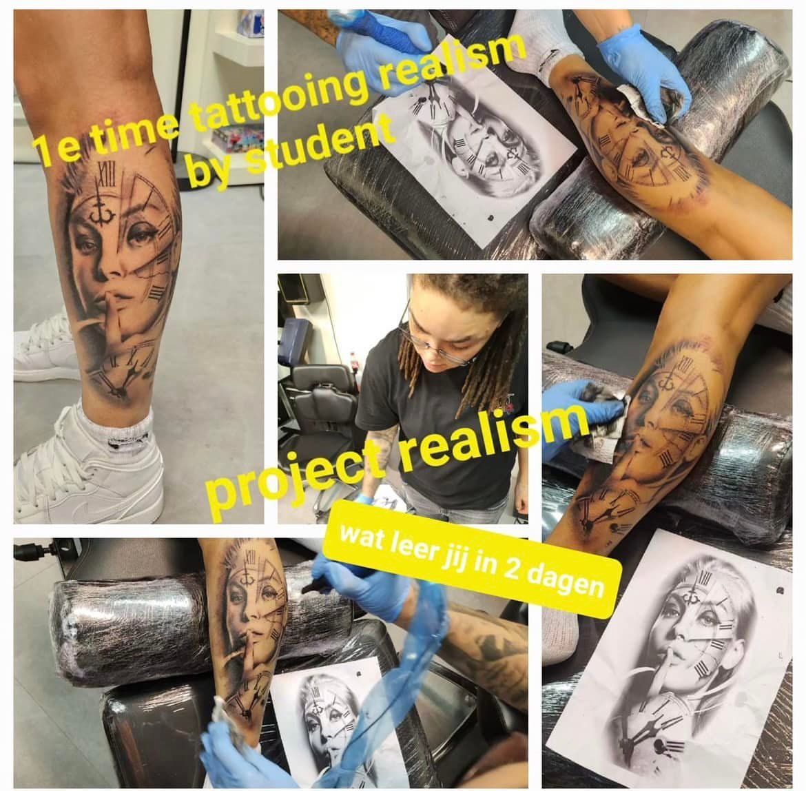 Collage: Student tatoeëert realisme op been, project in uitvoering, referentieschets zichtbaar.