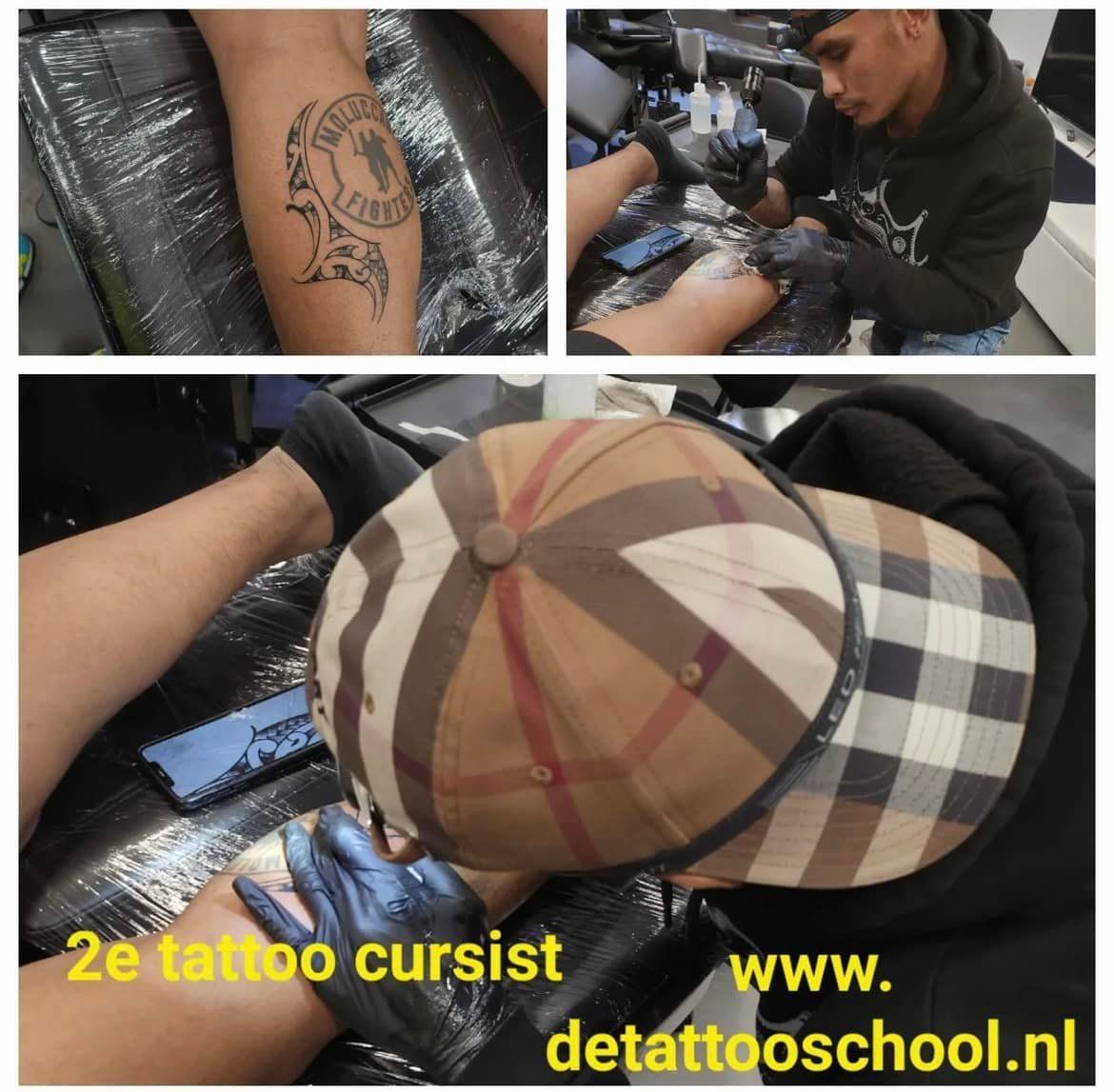 Tatoeëerder brengt inkt aan op zijn been. Meerdere aanzichten: close-up, tatoeëerder aan het werk, voltooide tatoeage.