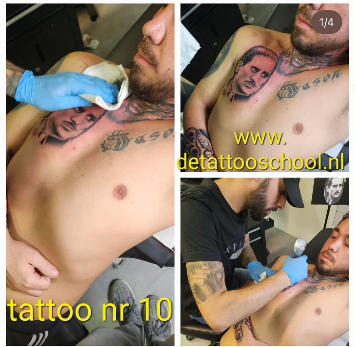 Tatoeëerder die een portret op de borst van een persoon tatoeëert. Verschillende aanzichten, inclusief handen en gereedschap van de tatoeëerder.