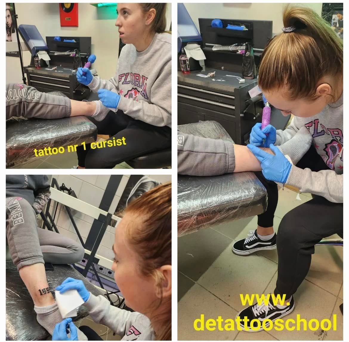 Vier foto's van iemand die een tatoeage laat zetten. Een persoon in blauwe handschoenen bedient een tatoeagemachine en tatoeëert iemands enkel.