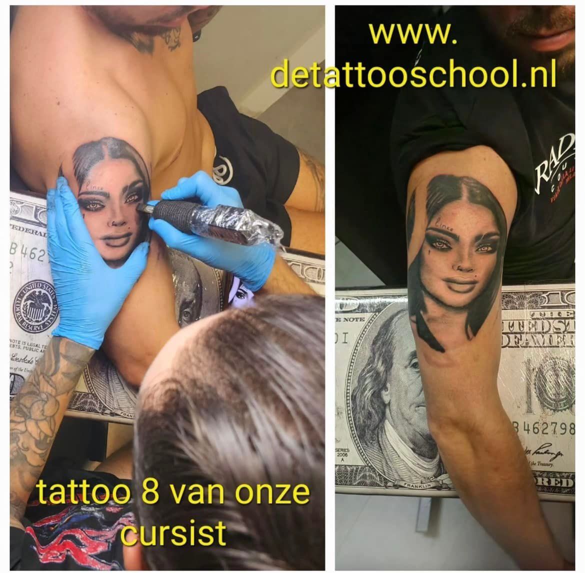 Tatoeëerder brengt een realistisch portret aan op de arm van een persoon, in een studio.