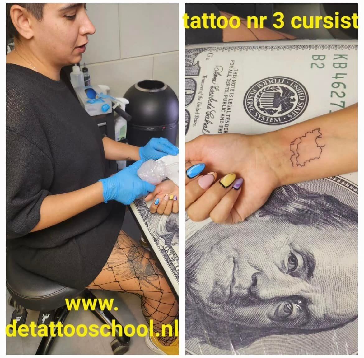 Tatoeëerder legt een verband op een tatoeage op zijn pols. De tatoeage is af op zijn hand, met een dollarbiljet erop.
