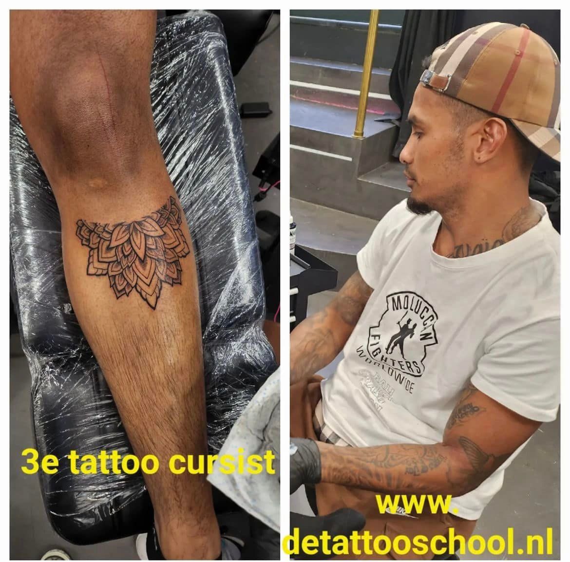 Tatoeëerder werkt aan een tatoeage op zijn been; man met hoed en t-shirt, tatoeage op zijn onderbeen.