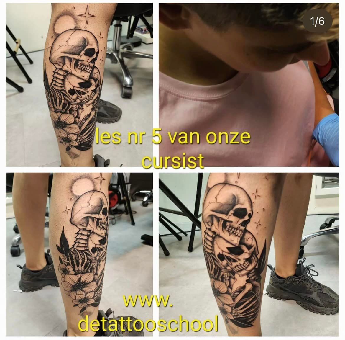 Tatoeage van twee schedels met ribben en bloemen op een been, door een student van een tattooschool.