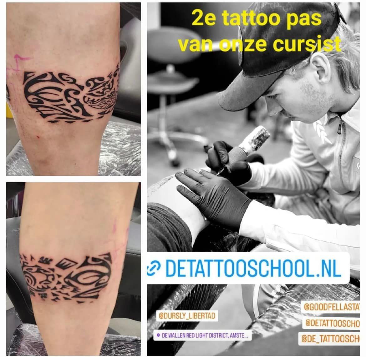 Tatoeage op een been; kunstenaar tatoeëert in de nek. Tekst: 