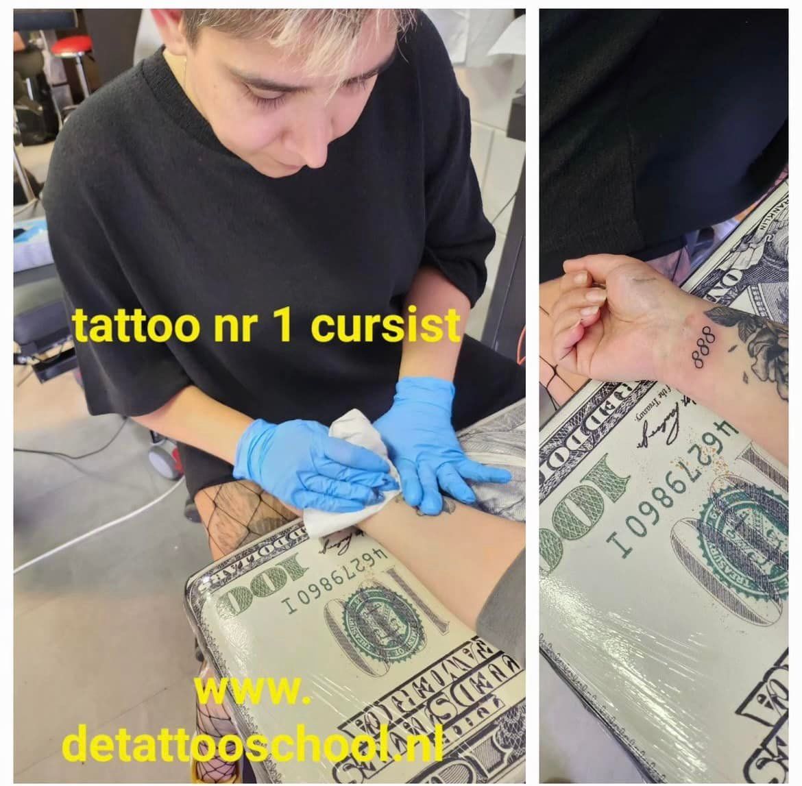 Een persoon die een arm tatoeëert; de tatoeage is in de maak. Voorgrond: verpakt in plastic met dollarbiljettenprint.